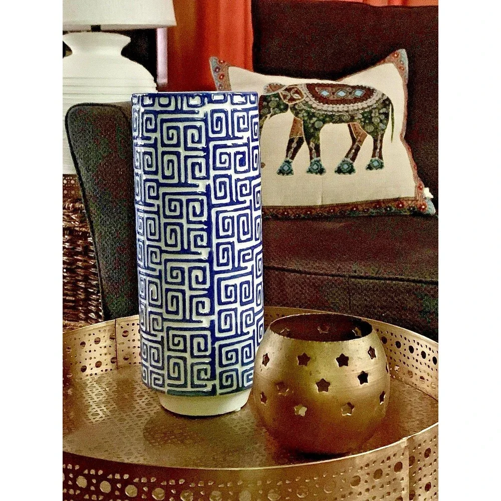 Vtg Inspired Blue White Greek Key Ceramic Vase Chinoiserie Hollywood Regency 10
